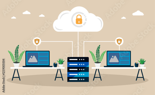 Secure cloud network for data sharing and collaboration,Signifying secure access,Encrypted data storage and transfer,Secure and interconnected data management.