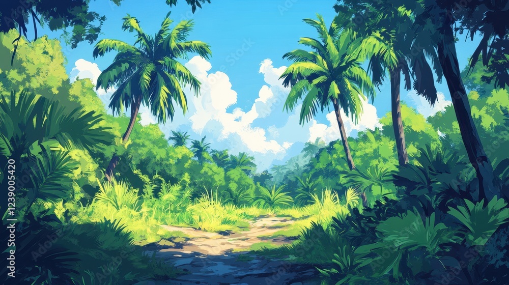 Lush Tropical Paradise Path Through Verdant Foliage Lush Tropical Paradise Path Through Verdant Foliage