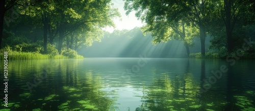 Lush green forest reflecting in calm lake water with sun rays filtering through trees Copy Space