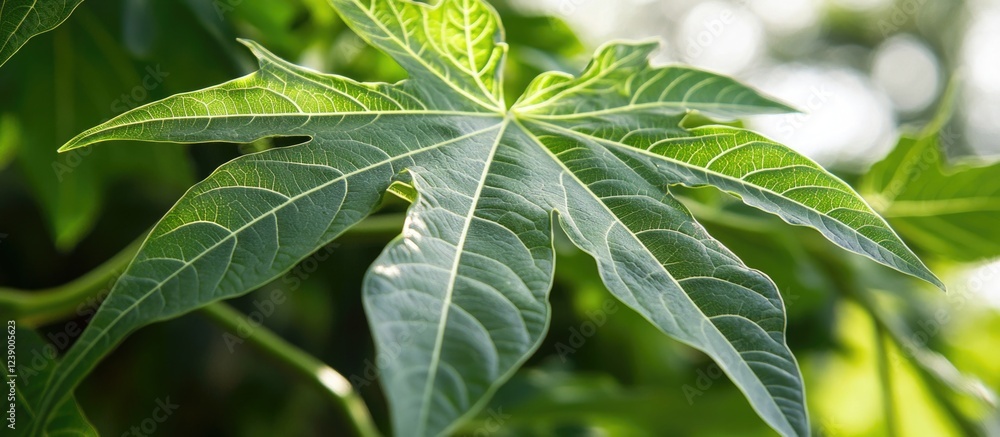 Close-up of green papaya leaf with detailed texture and visible veins, natural background with blurred bokeh, Copy Space available. Close-up of green papaya leaf with detailed texture and visible veins, natural background with blurred bokeh, Copy Space available.