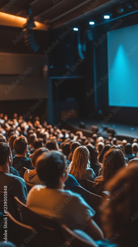 Audience attentively watching a presentation in a dimly lit auditorium with a large screen.