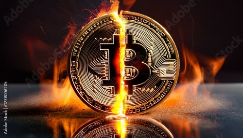 bitcoin coin divided by a fiery crack on a reflective surface symbolizing the bitcoin halving concept