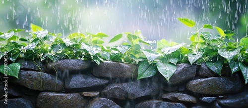 Lush green foliage with raindrops on stones during a rainy day in a natural setting with Copy Space for text placement photo