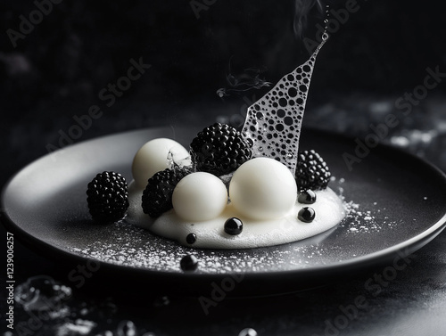 A molecular gastronomy dish on a sleek black plate with nitrogen-frozen spheres, foam, and caviar pearls. Dramatic lighting emphasizes the dish's precision and artistry. 