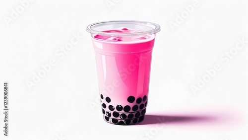 Sweet pink bubble tea with black tapioca pearls served in a clear cup