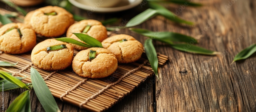 Freshly baked cookies with green onion garnish on bamboo mat surrounded by bamboo leaves and a cup on rustic wooden table Copy Space Freshly baked cookies with green onion garnish on bamboo mat surrounded by bamboo leaves and a cup on rustic wooden table Copy Space