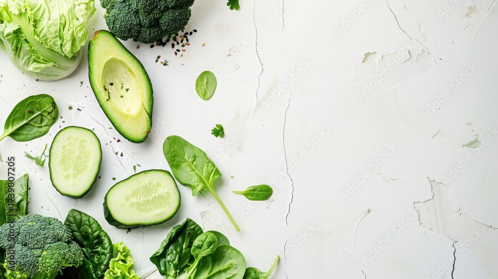 Obraz premium Green vegetables and avocado border composition on white textured background with copy space