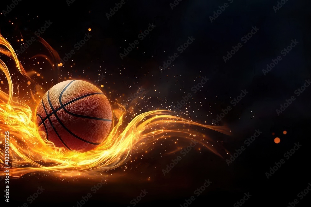 Sports Technology. A fiery basketball surrounded by dynamic streaks of light against a dark background. Sports Technology. A fiery basketball surrounded by dynamic streaks of light against a dark background.