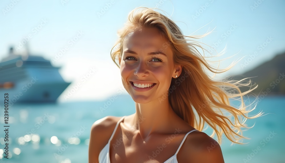 Elegant Woman on Cruise Ship at Sunset – Ocean Travel Concept Elegant Woman on Cruise Ship at Sunset – Ocean Travel Concept