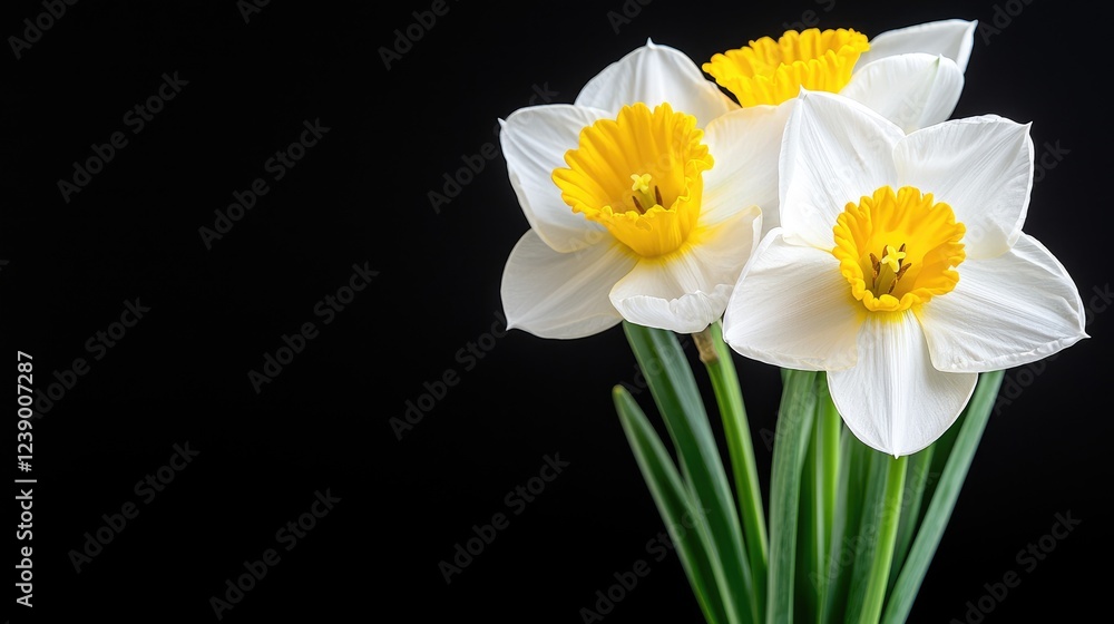 White daffodils bouquet, black background, spring flowers, greeting card White daffodils bouquet, black background, spring flowers, greeting card