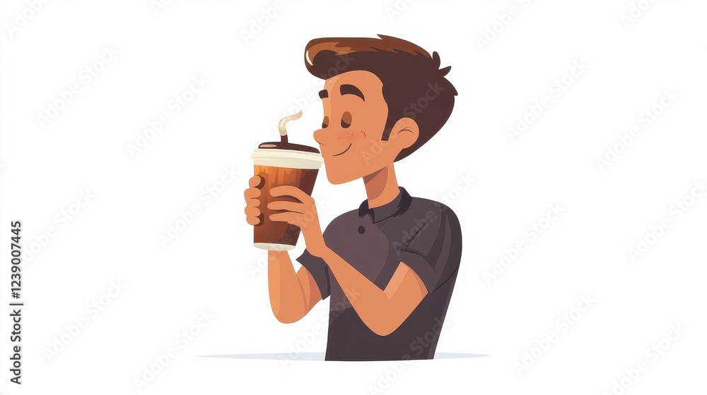 Young Man Enjoying a Delicious Iced Coffee with a Happy Expression Young Man Enjoying a Delicious Iced Coffee with a Happy Expression