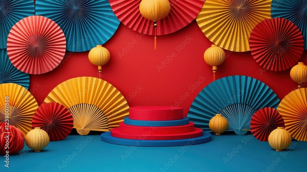 Obraz premium Colorful backdrop with decorative fans and lanterns, ideal for festive themes.