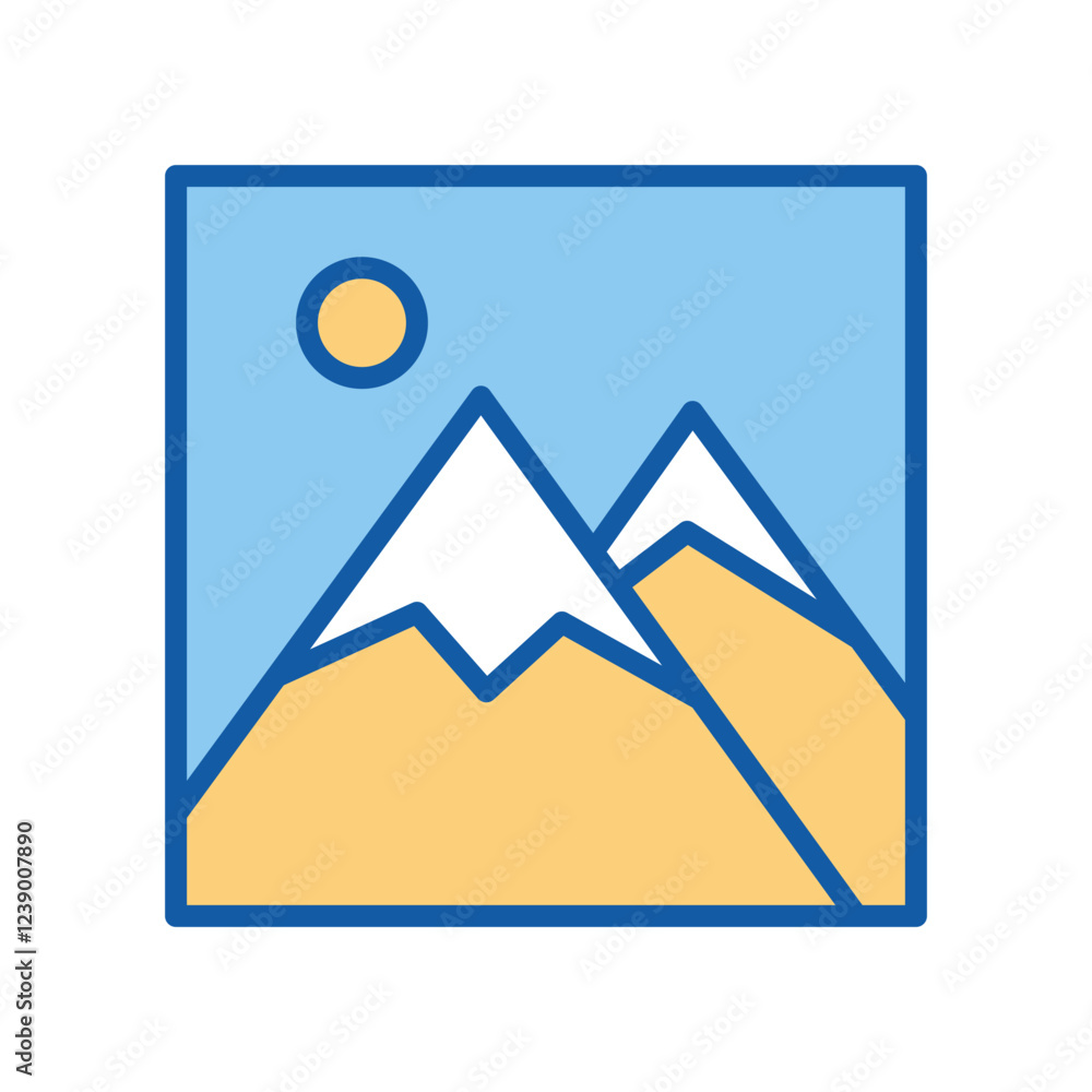 Gallery icon. Mountain landscape with the sun. Simple line art icon of a landscape image. Vector illustration