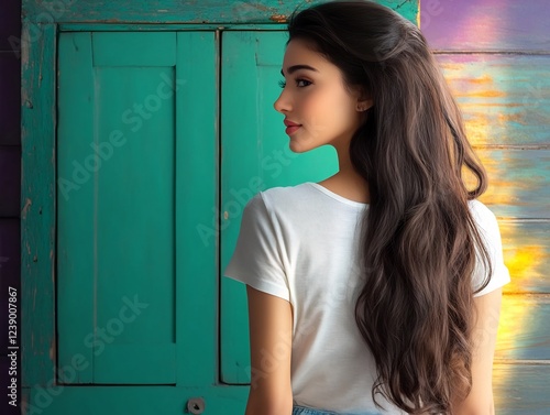 woman standing at rustic wooden door with warm sunlight