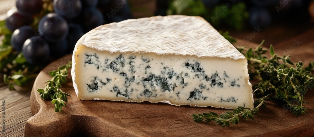 Blue cheese wedge on wooden cutting board with fresh grapes and herbs Copy Space Blue cheese wedge on wooden cutting board with fresh grapes and herbs Copy Space
