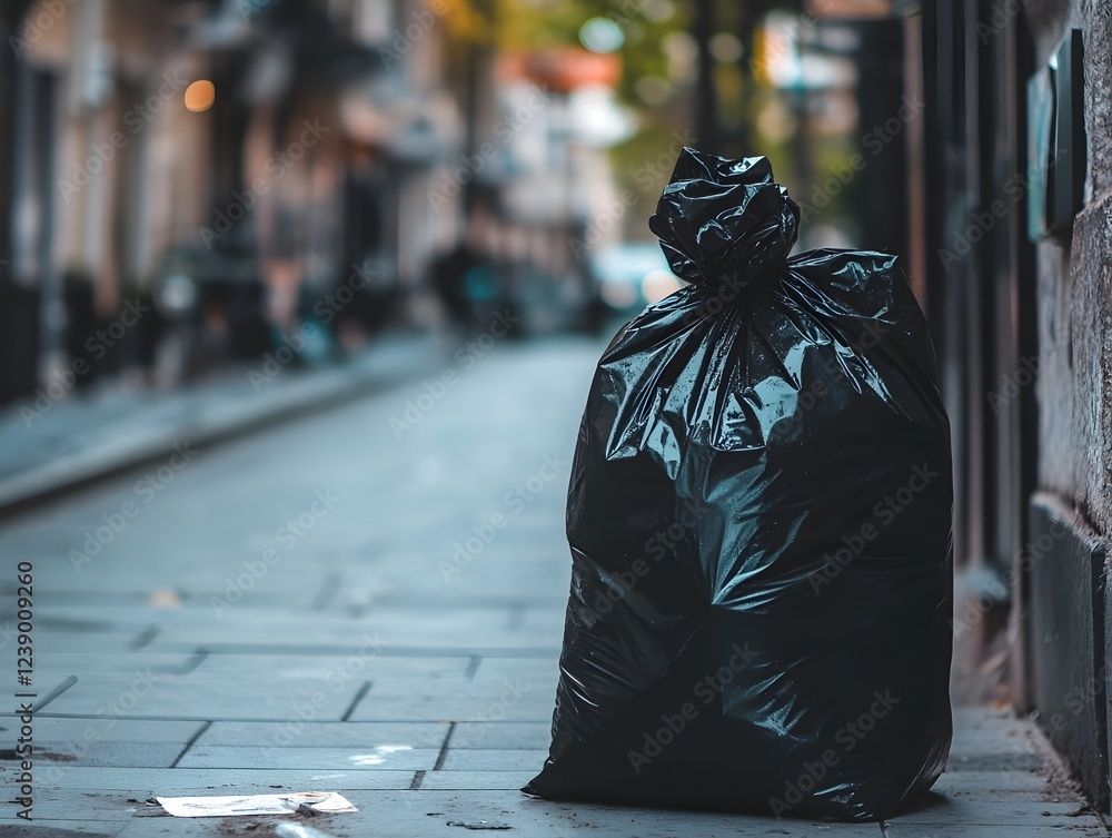 Obraz premium Tied Black Garbage Bag on Clean Sidewalk Depicting Waste Management Concept