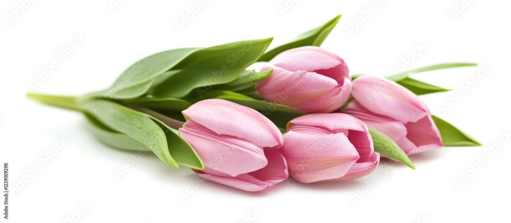 Obraz premium Pink tulip flowers with green leaves isolated on white background Copy Space