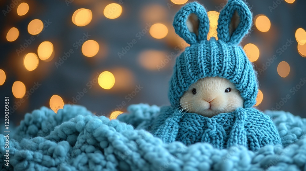 Obraz premium Cute bunny in teal knitted bunny hat and sweater, nestled in a cozy blanket against a bokeh background.
