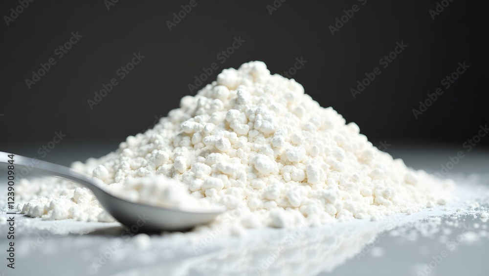 A large amount of white powder, with a small spoon to scoop out the powder, creates an atmosphere of calm or neutrality. A large amount of white powder, with a small spoon to scoop out the powder, creates an atmosphere of calm or neutrality.