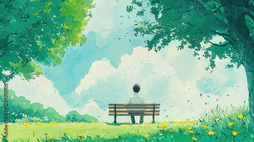boy sitting on bench in park, surrounded by lush greenery and yellow flowers, reflects peacefully, Lofi streaming background