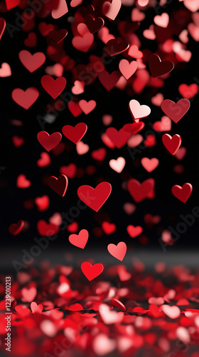 Red flat hearts of different sizes falling on a black background, isolated, 8K, high resolusion photo