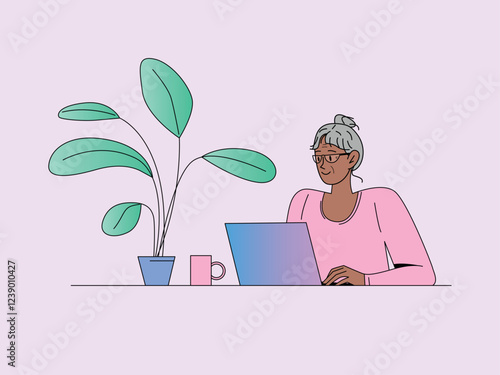 Dark-Skinned Elderly Woman Working on Laptop at Desk with Coffee Mug and Green Plant. Concept of modern senior life and Remote Work Digital Literacy Online Learning. Colored Flat Vector Illustration.