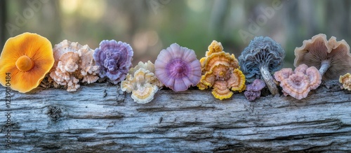 Colorful variety of mushrooms growing on a log with a blurred background and copy space for text. photo