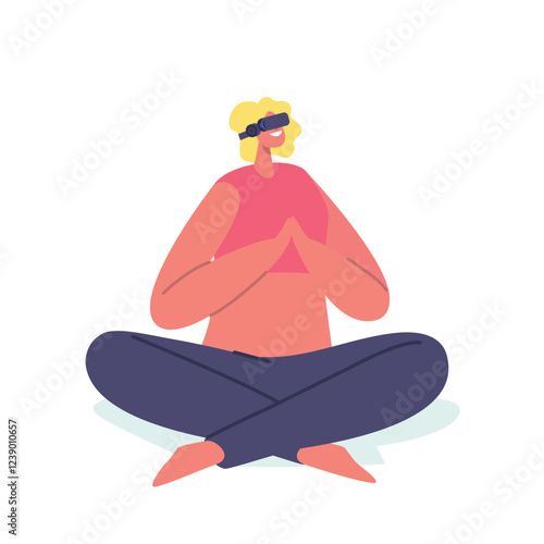 Female Character In Virtual Reality Glasses Doing Yoga Practice Isolated On White Background. Immersive Experience