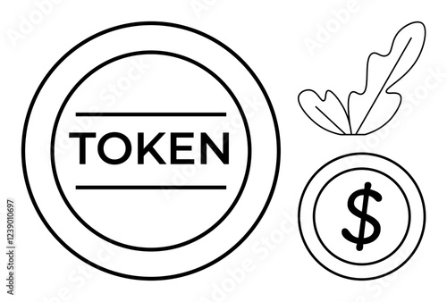 Tokens labeled TOKEN and accompanied by a simple leaf. Ideal for finance, digital currency, eco-friendly investments, fintech, blockchain, online transactions, educational content. Minimalistic