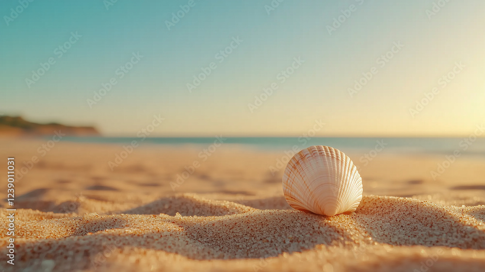 Obraz premium beautiful seashell resting on soft sand at beach during sunset, capturing serene atmosphere of coastal landscape