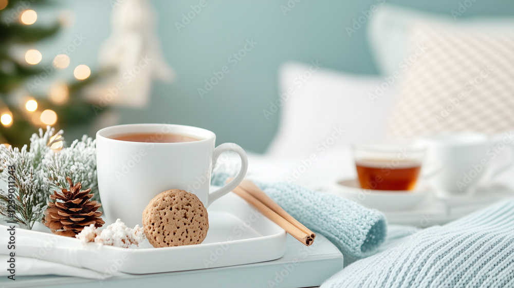 Cozy winter scene featuring cup of tea, cookies, and pinecones, evoking warmth and comfort during holiday season. Perfect for festive decor and relaxation Cozy winter scene featuring cup of tea, cookies, and pinecones, evoking warmth and comfort during holiday season. Perfect for festive decor and relaxation