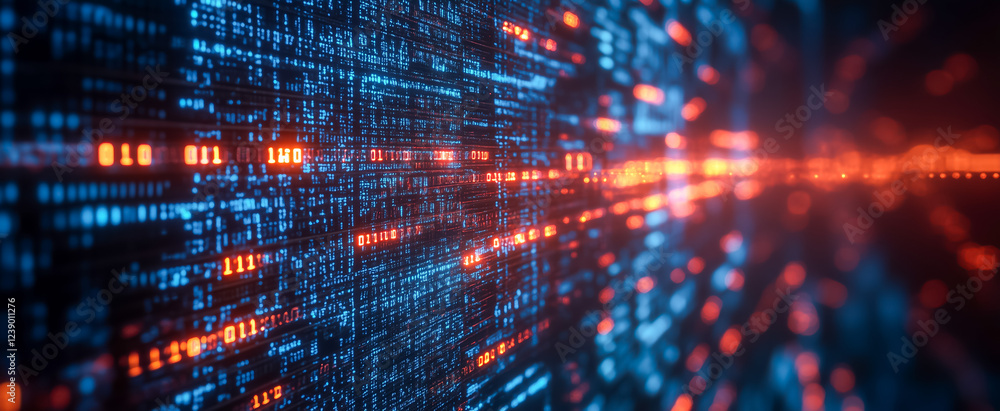Abstract digital data stream with glowing binary code and effects Abstract digital data stream with glowing binary code and effects