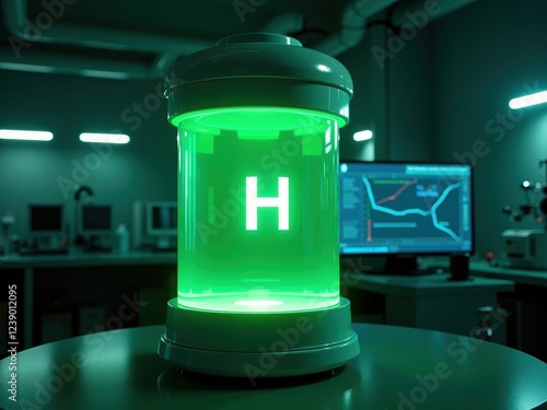 Green hydrogen production technology showcased in a modern laboratory with vibrant lighting and scientific equipment photo