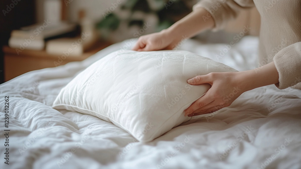person adjusting white pillow on cozy bed, creating serene atmosphere. soft bedding and warm lighting enhance inviting feel of space person adjusting white pillow on cozy bed, creating serene atmosphere. soft bedding and warm lighting enhance inviting feel of space