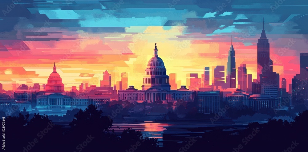 Fototapeta premium Vibrant Sunset Cityscape Featuring Iconic Capitol Dome