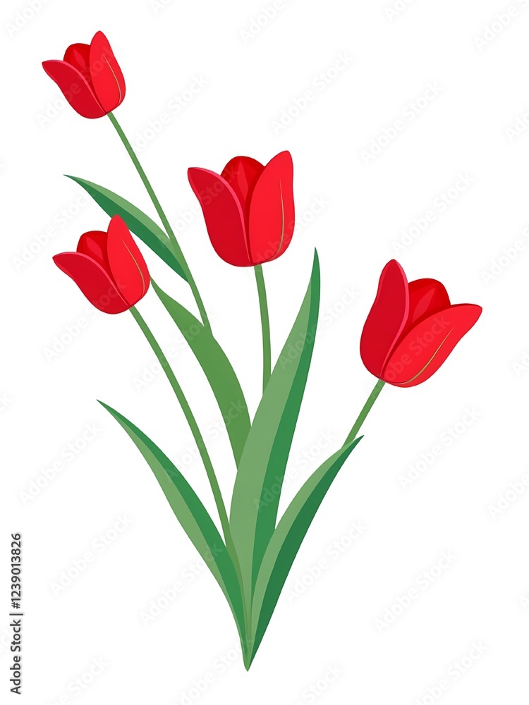 Red tulips with a green stem and long leaves, featuring four elegant blossoms with smooth petals and a graceful structure. Red tulips with a green stem and long leaves, featuring four elegant blossoms with smooth petals and a graceful structure.