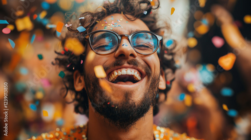 Classic Prank Reaction: A close-up of a surprised person laughing after falling for a harmless prank, with confetti in the air and a joyful atmosphere in a brightly lit indoor setting photo