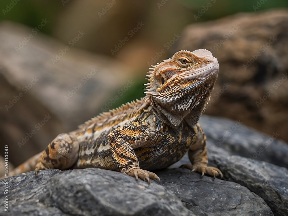 Colorful Bearded Dragon Close Up in Desert Habitat Sunbathing on Rocks Colorful Bearded Dragon Close Up in Desert Habitat Sunbathing on Rocks