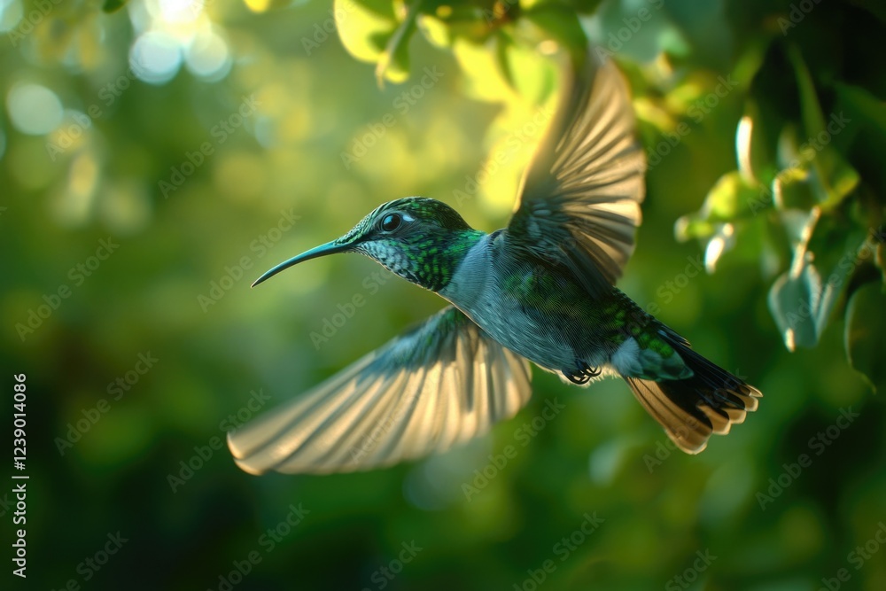 Fototapeta premium Hummingbird in flight with green foliage