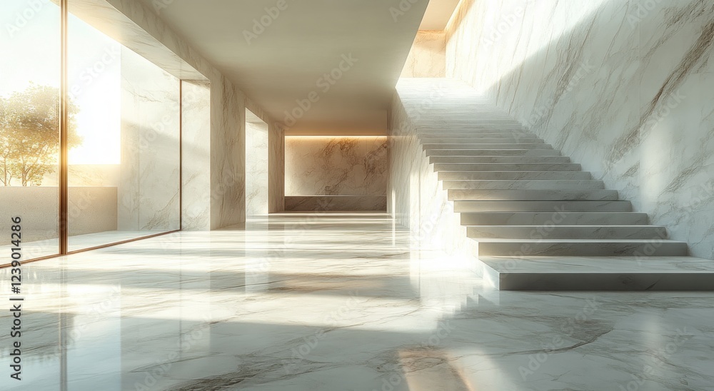Minimalist Modern Interior with Glossy White Walls and Marble Floor Minimalist Modern Interior with Glossy White Walls and Marble Floor