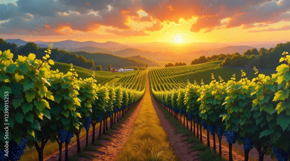 Fototapeta premium Picturesque vineyard landscape at sunset. Vibrant golden sky, hills, rows of grape vines. Wine, agriculture, nature themes illustration