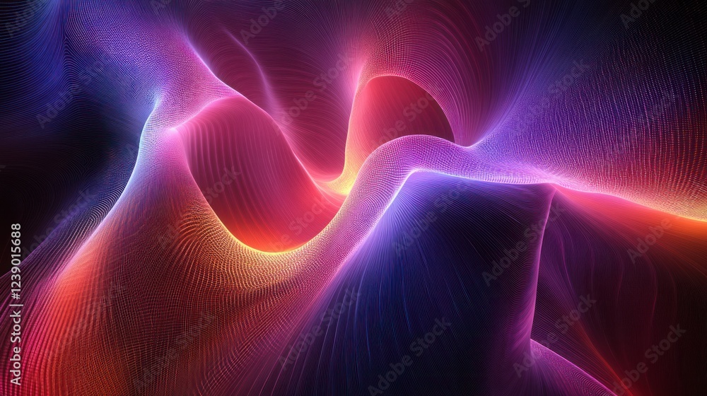 Fototapeta premium Abstract glowing wavy lines, red, blue, and orange colors on a dark background.