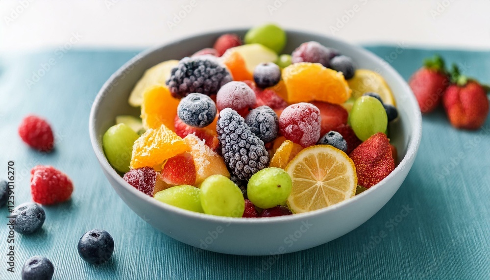 a bowl of frozen fruit salad mix of citrus berries and grapes healthy treats summer recipes concept a bowl of frozen fruit salad mix of citrus berries and grapes healthy treats summer recipes concept