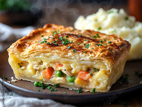  slice of savory pie with visible filling of vegetables like peas and carrots, garnished with herbs and spices. There is a side of mashed potatoes on the plate.