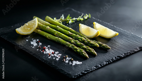 asparagus served elegantly on a black slate board with lemon wedges and sea salt, creating a bold and artistic food presentation, ideally suited for food blogs or seasonal stock imagery photo