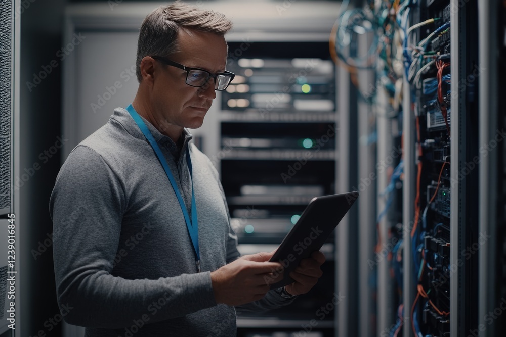 Naklejka premium A young man is currently looking at a tablet while standing in a server room
