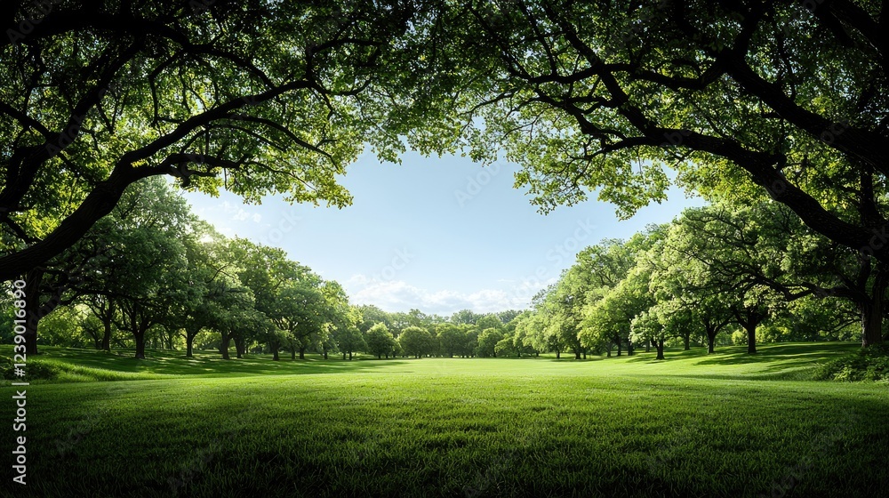 Lush green park, sunny day, trees arching overhead, peaceful background, nature scene Lush green park, sunny day, trees arching overhead, peaceful background, nature scene