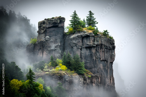 Dramatischer Felsen im Nebel mit Bäumen  
 photo