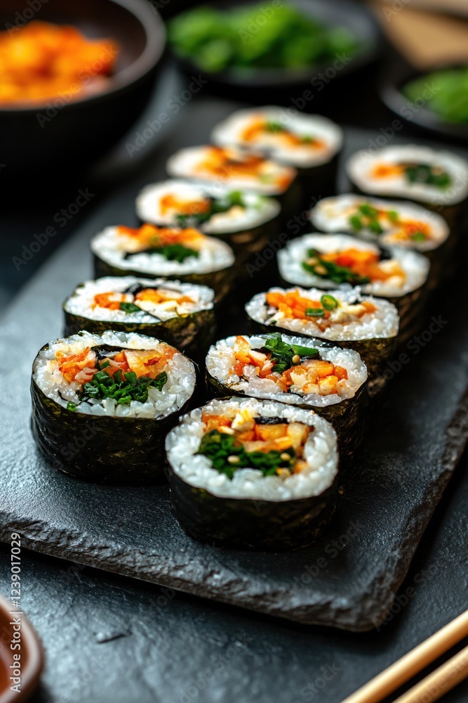 Delicious sushi rolls on dark plate with vibrant fillings and fresh green garnish close up view Delicious sushi rolls on dark plate with vibrant fillings and fresh green garnish close up view