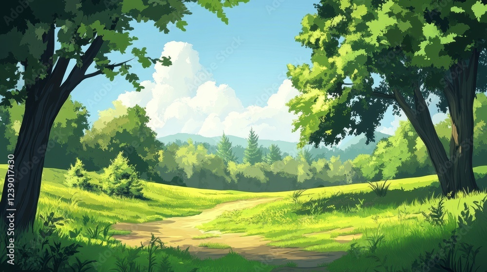 Fototapeta premium Sunny Meadow Path Through Lush Green Forest Landscape